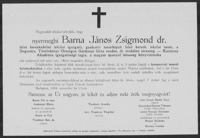 A családfakutatás nagy alakjai: gyászjelentés nyermeghi Barna János Zsigmond dr. halála alkalmából