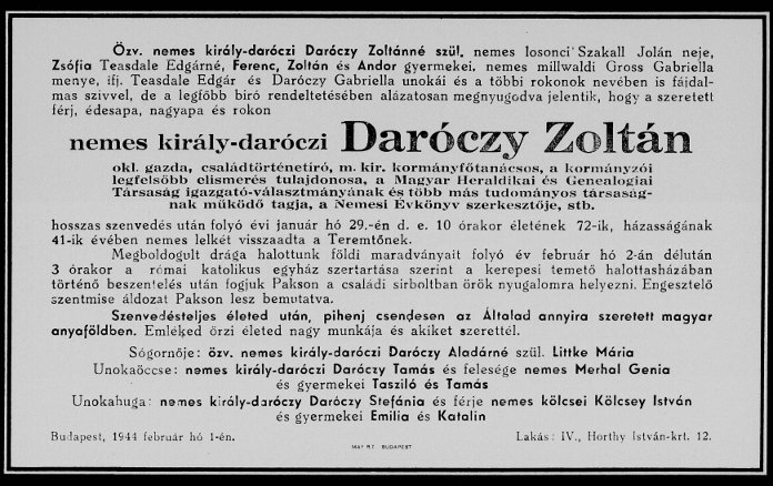 A családfakutatás nagy alakjai: értesítés királydaróczi Daróczy Zoltán haláláról