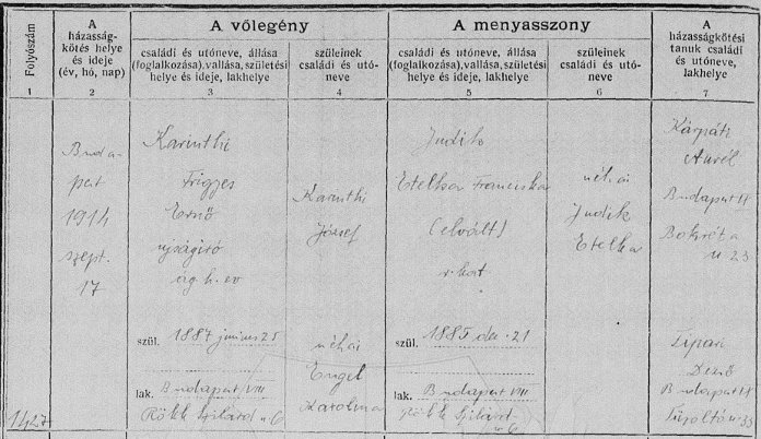 A családfakutatás során előkerült dokumentumok: Karinthi Frigyes és Judik Etel házasságkötése